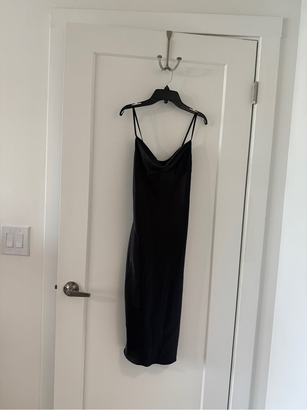 miami Black Satin Cowl Neck Slip Midi Dress